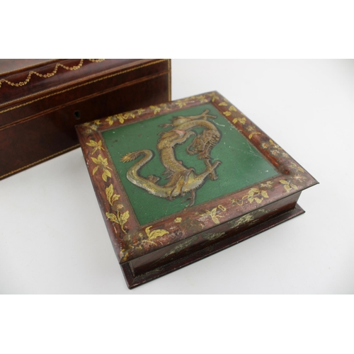 252 - An antique style jewellery box with key together with an antique tin with Chinese Dragon design and ... 