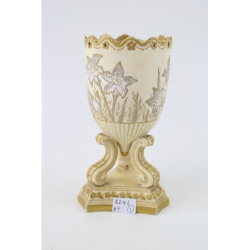 95 - 19th century pot purri unmarked, raised on three legs, lace effect decoration shaped rim, gilt highl... 