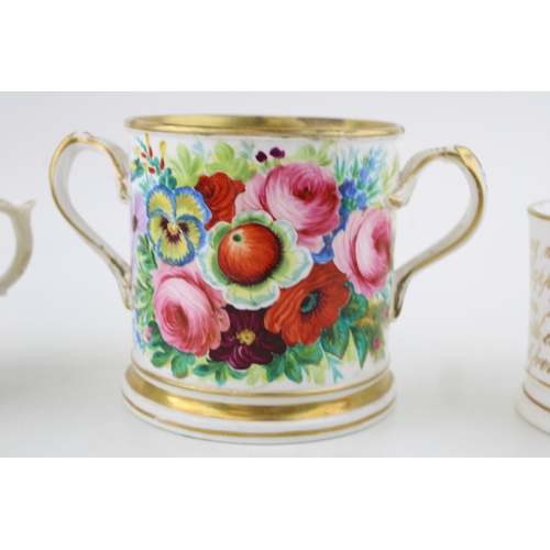 102 - Three 19th century loving cups to include a large twin handled example with religious moto, a/f, tog... 