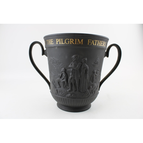 143 - Royal Doulton Limited Edition Black Basalt 'The Mayflower' loving cup, 21cm tall, with certificate.