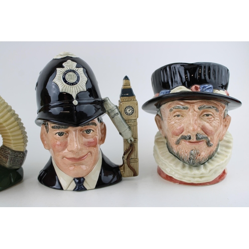 169 - Large Royal Doulton character jugs to include Beefeater, London Bobby (seconds) and the Busker (3).