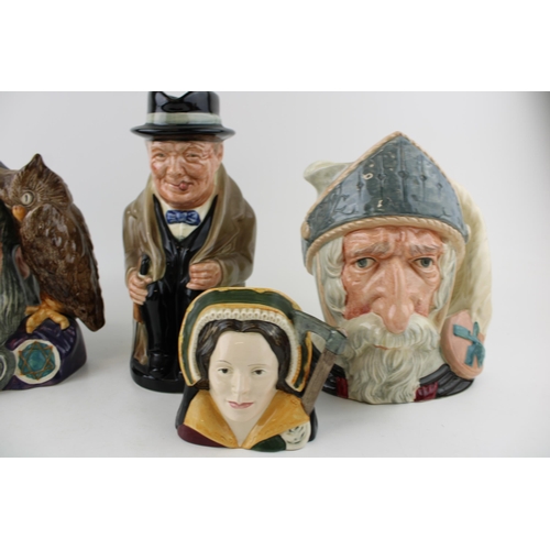 170 - Large Royal Doulton character jugs to include Winston Churchill Toby jug, Merlin, Don Quixote and sm... 