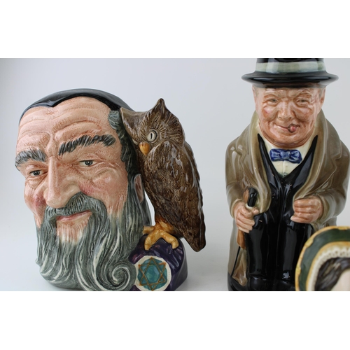 170 - Large Royal Doulton character jugs to include Winston Churchill Toby jug, Merlin, Don Quixote and sm... 