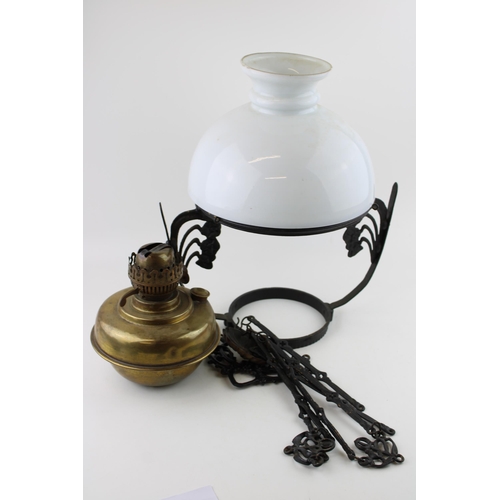 263 - A celling mounted oil lamp by Duplex 'Made in England', complete with opaline glass shade, inner man... 