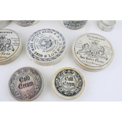 279 - A collection of antique pot lids to include 'Burgess's Anchovy Paste', 'Home Made Potted Meats' and ... 