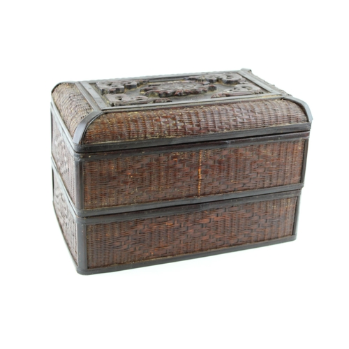 299 - An oriental lacquered woven box with two stacking commitments and lid. (Qty)