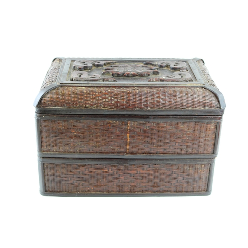 299 - An oriental lacquered woven box with two stacking commitments and lid. (Qty)