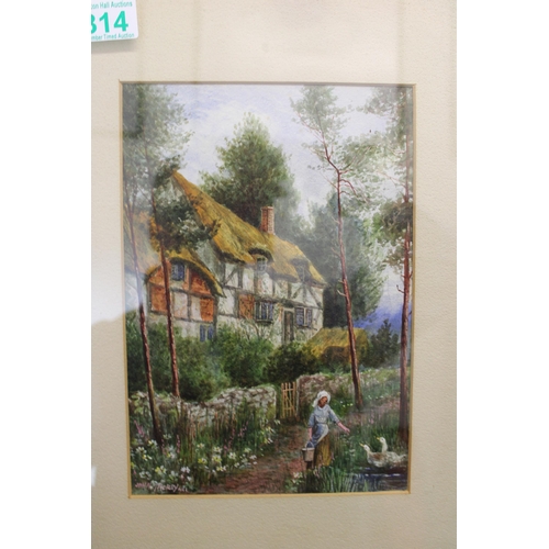 314 - John Thorley original watercolour depicting rural scene with girl feeding geese in foreground with t... 