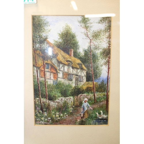 314 - John Thorley original watercolour depicting rural scene with girl feeding geese in foreground with t... 