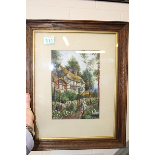 314 - John Thorley original watercolour depicting rural scene with girl feeding geese in foreground with t... 