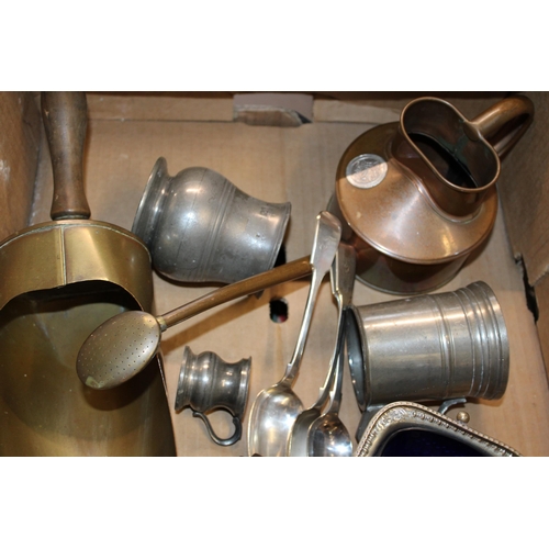 335 - A collection of metalware to include a copper Hawes watering can, pewter tankards, silverplate dishe... 