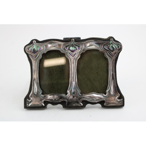 375 - Reproduction sterling silver Art Nouveau style double photo frame, easel back, 11.5cm wide.