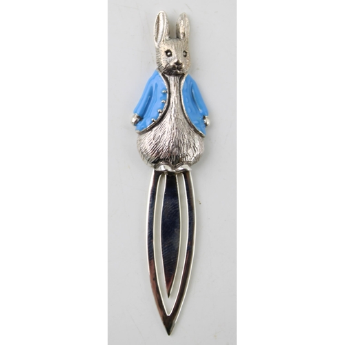 381 - Contemporary sterling silver bookmark of Peter Rabbit, blue enamel coat, 7cm long.