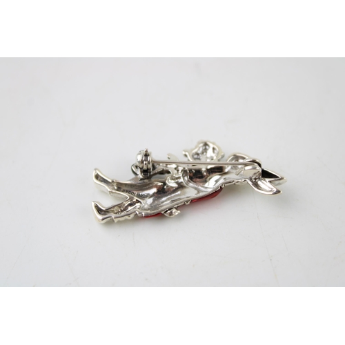 382 - Contemporary sterling silver brooch of a magic rabbit with a top hat, red enamel decoration.