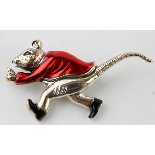 384 - Contemporary sterling silver brooch of a running mouse, red enamel jacket.