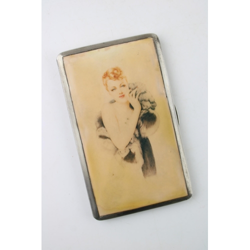 391 - Large silver cigarette case, engine turned decoration, 214g, Birm 1950, with insert of a lady, 14.5c... 