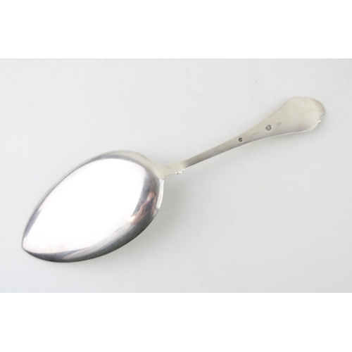 396 - Danish silver serving spoon, hallarked, 64.2g, 23.5cm long, hammered decoration, stamped 'Kragh'.