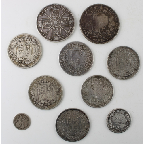 408 - A collection of Victorian silver coins to include an 1845 Crown, half crowns, a maundy four pence pi... 