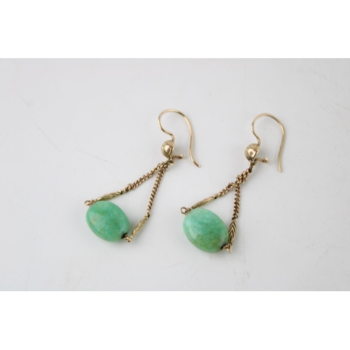 411 - A pair of yellow metal (testing as 9ct gold or better) and jade earrings, 4.7g (2).