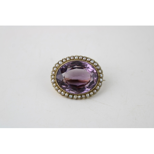 413 - Edwardian gold brooch, central amethyst surrounded by pearls, 13.0g, 3cm wide.