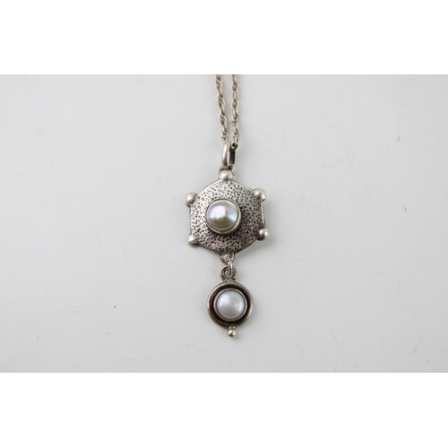 419 - Silver Art Nouveau pendant, set pearls, on white metal chain.