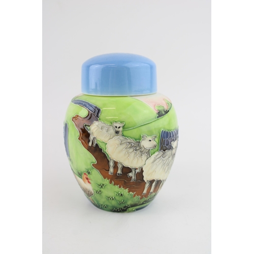 82 - Old Tupton Ware ginger jar and cover, with farmyard animals, 16cm tall.