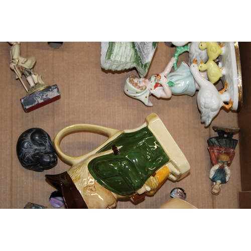 87 - Mixed pottery to include a Gerald Porzellan figure of a goose girl, Toby jugs, resin figures and oth... 