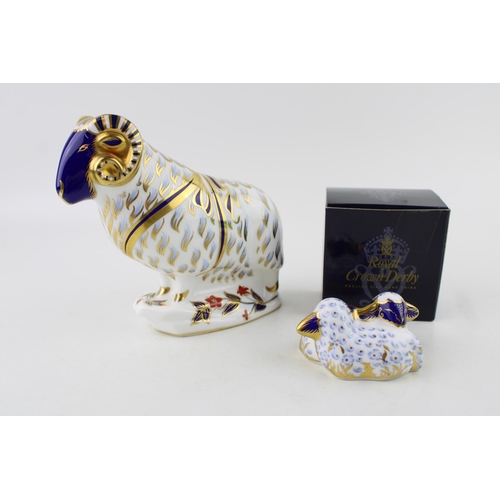 126 - Royal Crown Derby paperweight, blue faced Ram, 15cm x 10cm, date code for 1990 (LVI), red Royal Crow... 