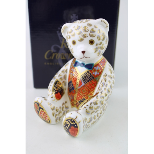 129 - Royal Crown Derby paperweight, Teddy Bear with blue bow tie, 12cm, gold stopper and red Royal Crown ... 