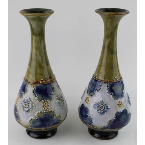 147 - A pair of Royal Doulton stoneware vases, blue background, green neck, incised '8368', 27.5cm tall (2... 