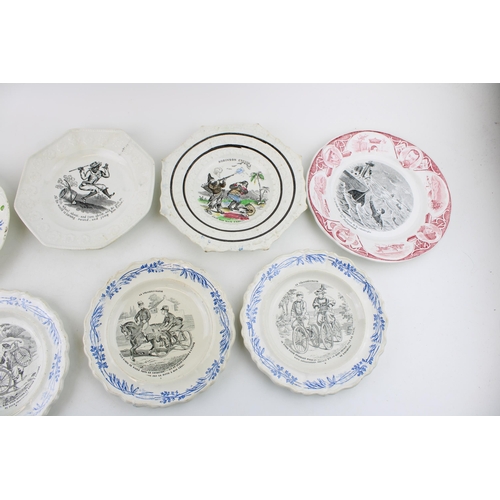 52 - Seven pearlware plates 19th to early 20th century, three French and printed in black with bicycling ... 