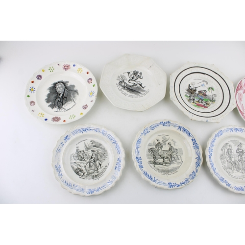 52 - Seven pearlware plates 19th to early 20th century, three French and printed in black with bicycling ... 