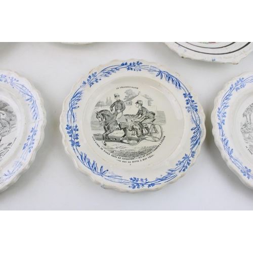 52 - Seven pearlware plates 19th to early 20th century, three French and printed in black with bicycling ... 