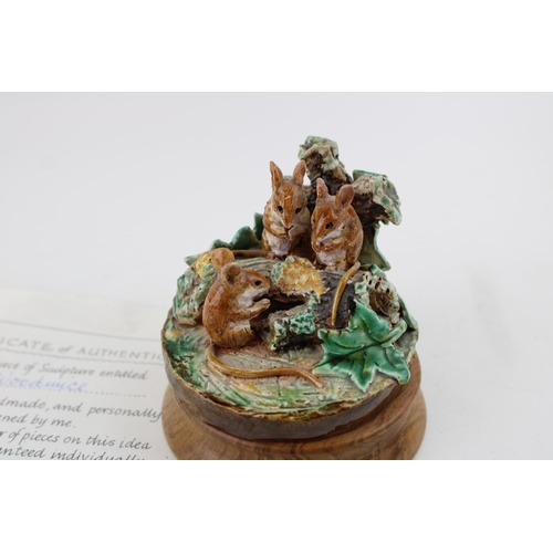 54 - Marjorie Smith of Cheltenham tableau of Woodmice, on wooden turned plinth, 9cm wide.