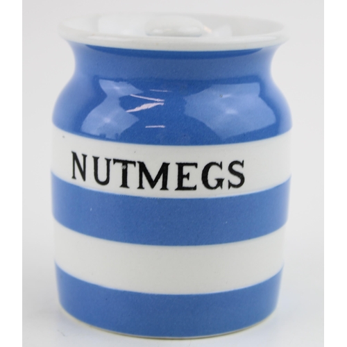 61 - T G Green blue and white storage jar 'Nutmegs', black shield backstamp, 8.5cm tall.