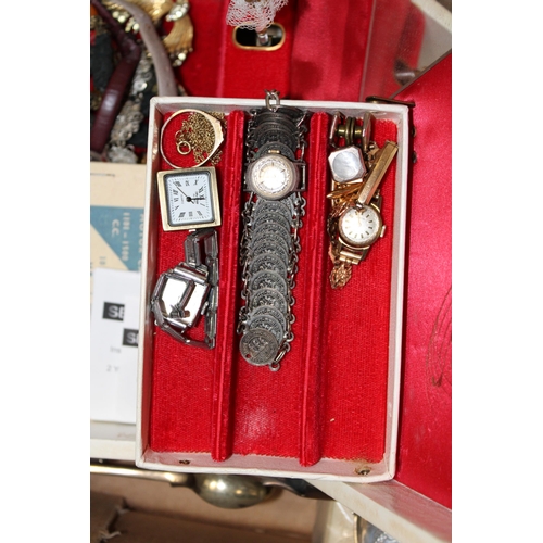 612 - A mixed collection of vintage costume jewellery in a vintage jewellery box with clockwork ballerina,... 