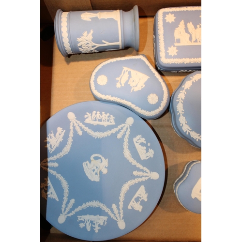 273 - A collection of Wedgwood Jasperware items to include pin trays and lidded pots in Wedgwood Blue, Sag... 