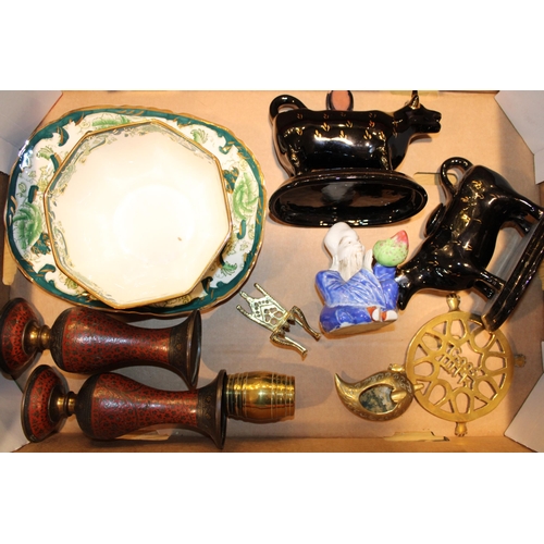 299 - Mixed items to include Masons Chartreuse pottery, oriental vases, two Jackfield style creamers and o... 