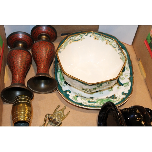 299 - Mixed items to include Masons Chartreuse pottery, oriental vases, two Jackfield style creamers and o... 