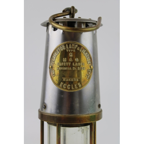 317 - A brass and steel miners safety lamp, Eccles Type 6 M&Q, Approval number B/28. Height 25cm.