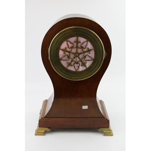 327 - A French Edwardian inlaid mahogany balloon mantle clock, Brass dial with Roman numeral hour markers.... 