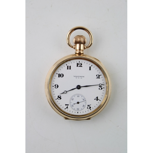 540 - Waltham gold plated pocket watch, open face, keyless wind, winds, ticks, sets and runs, 52mm wide.