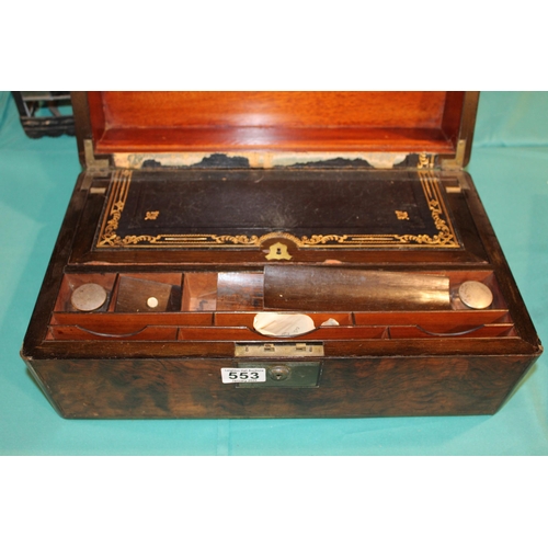 553 - A collection of c19th Victorian Wooden boxes to include a very large walnut and brass bound writing ... 