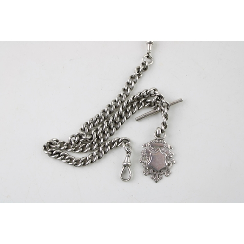 569 - A silver double Albert graduated watch chain, each link hallmarked with silver T bar and silver Fob ... 