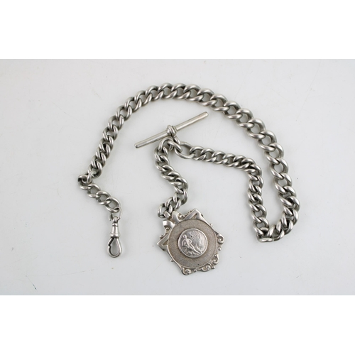 570 - A silver Albert chain, hallmarked every link, silver T bar, silver angling fob and lobster claw clas... 