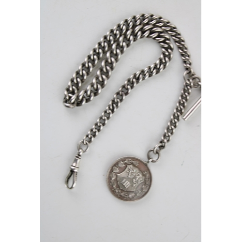 571 - A silver Albert chain, every link hallmarked, silver T bar and silver fob. Length 37.5cm. Weight 56.... 