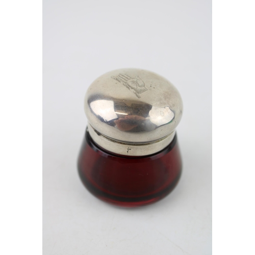 575 - Silver topped cranberry glass pot, Birmingham 1891, WCG, 47mm wide.