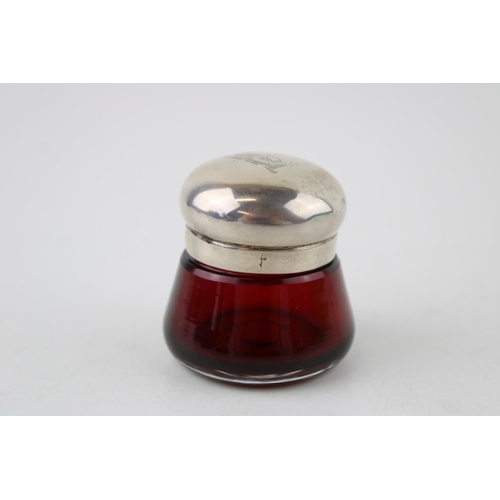 575 - Silver topped cranberry glass pot, Birmingham 1891, WCG, 47mm wide.