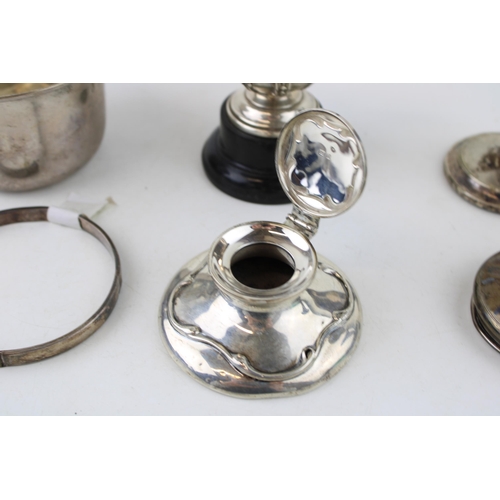 626 - Hallmarked silver bowl, bangle, lid & trophy, weighable silver 155g, together with 3 loaded items - ... 