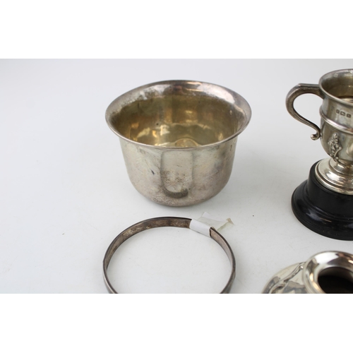 626 - Hallmarked silver bowl, bangle, lid & trophy, weighable silver 155g, together with 3 loaded items - ... 